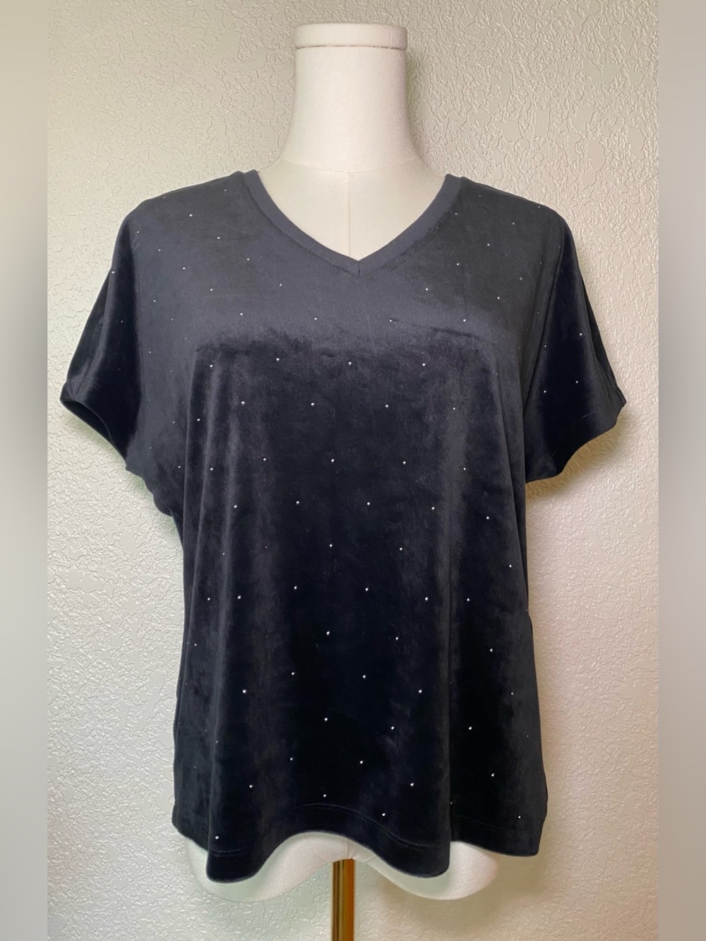 LOFT Black Velvet Micro Stud Embellished V Neck Top XS NWT
